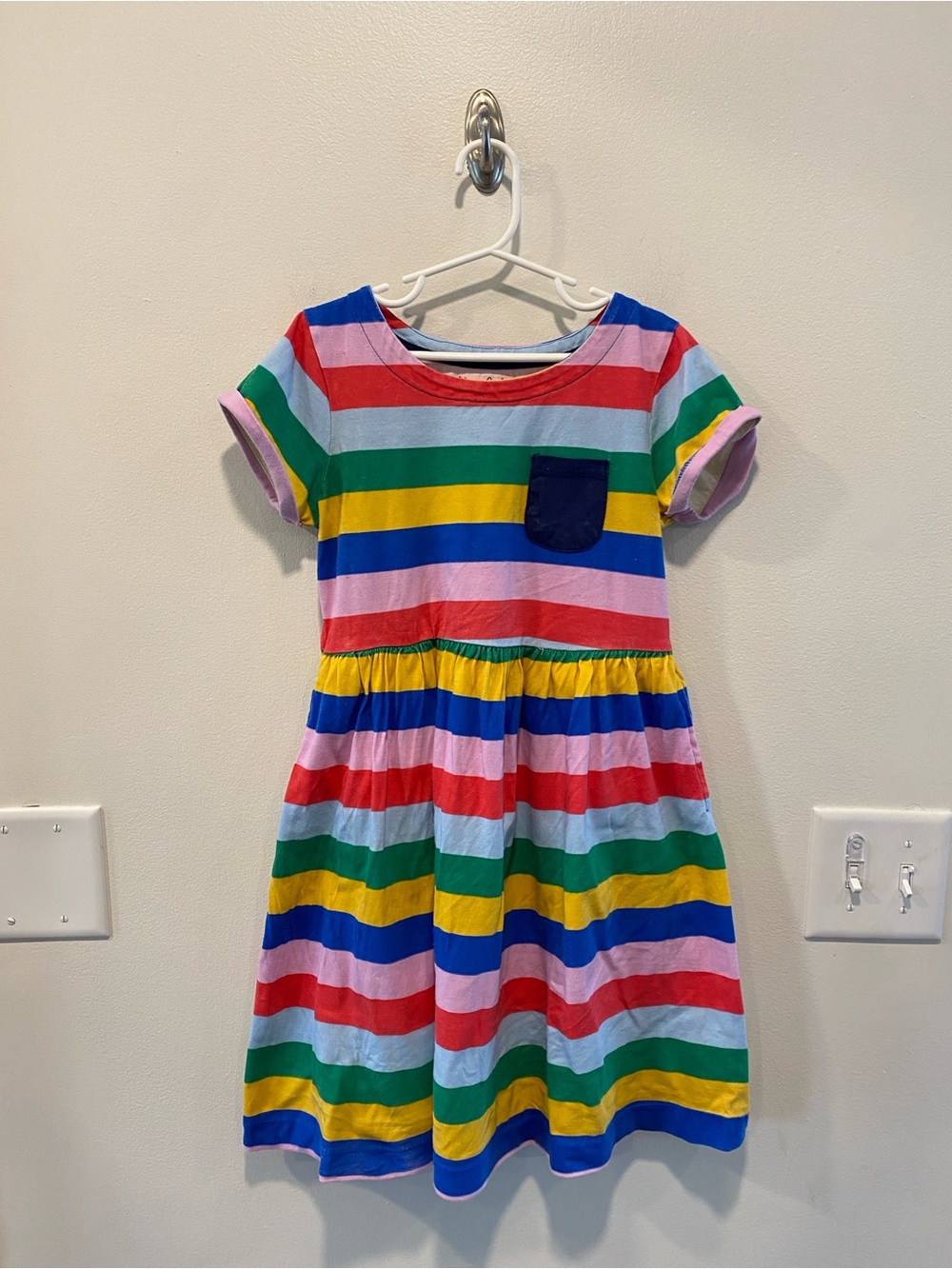 Mini Boden striped rainbow dress in size 9-10 front pocket jersey
